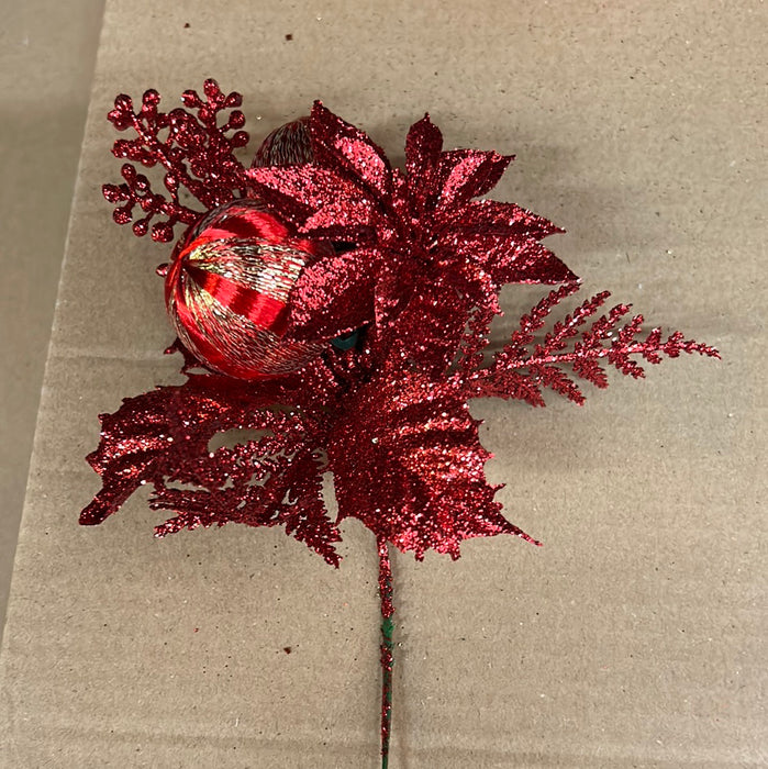 Christmas Artificial Red Poinsettia & Bauble Florist Wire Pick x 20cm  - Single
