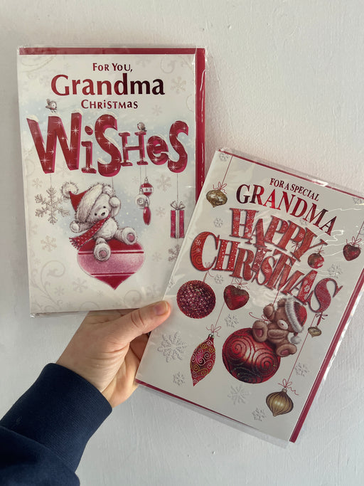 7x5" Christmas Card -For a special Grandma - Bear with hanging baubles Image