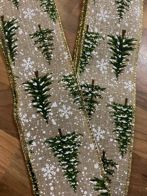 1m SAMPLE 63mm Wired Edge Christmas Snow Tree Ribbon