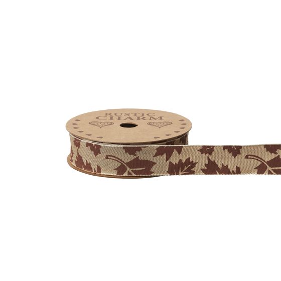 Autumnal Leaf Ribbon - Brown - 25mm x 10m
