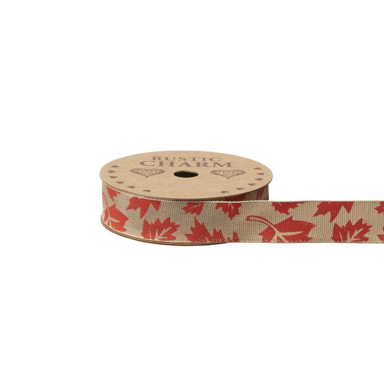 Autumnal Leaf Ribbon - Orange - 25mm x 10m