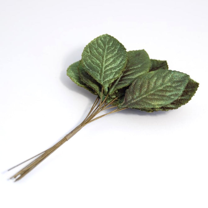 12 bunches of 12 Velvet Green Roses Leaves 27mm