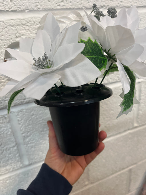 REDUCED Rose, Dahlia + Poinsettia Bauble & Holly Grave Vase Container  - White