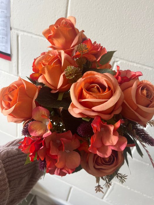 Orange rose, hydrangea and foliage premium bush