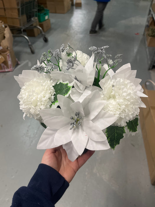 REDUCED Carnation + Poinsettia & Holly Grave Vase Container  - White
