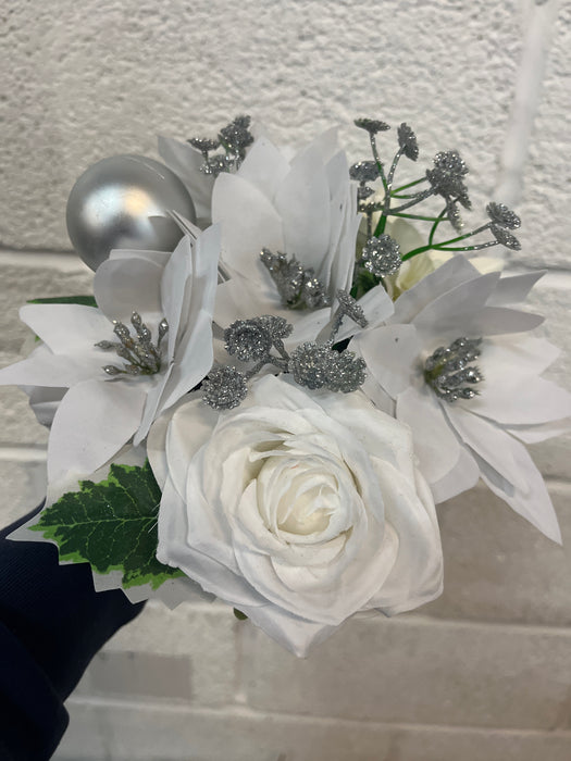 REDUCED Rose, Dahlia + Poinsettia Bauble & Holly Grave Vase Container  - White