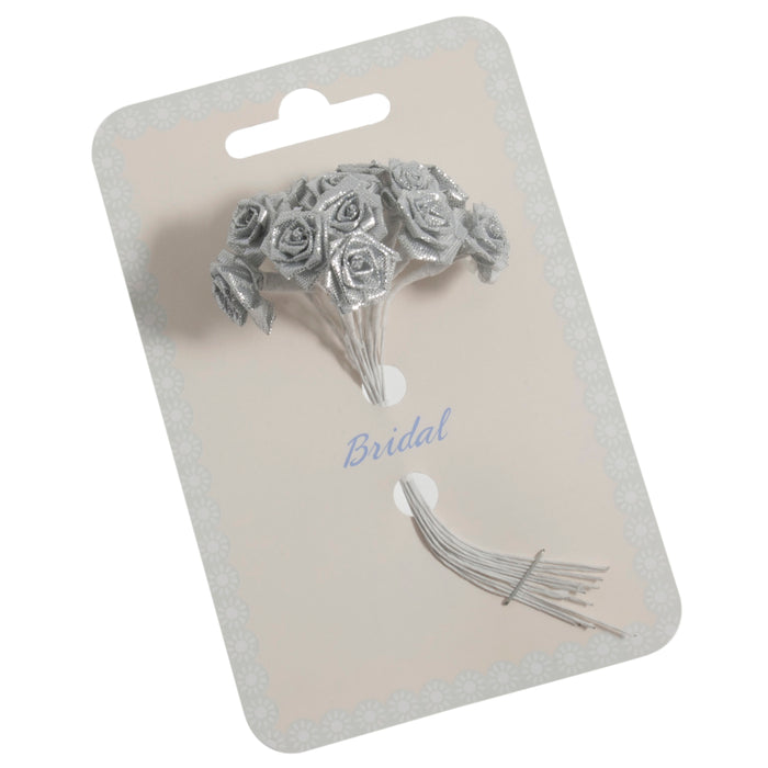 15mm x 12 Stem Ribbon Rose - Silver