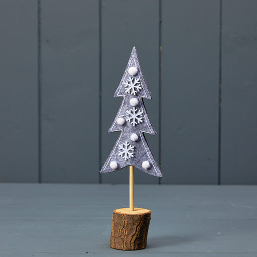 22cm Grey Felt Tree with Snowflakes and Wooden Base
