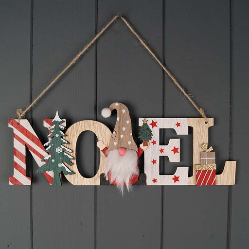 Wooden Hanging Noel with Christmas Gonk - 29cm length