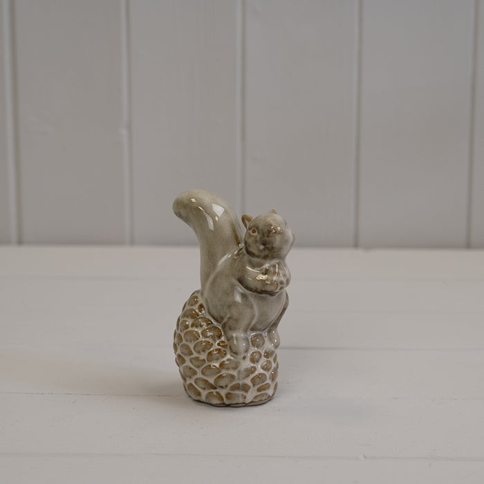 Beige Mottle Ceramic Squirrel Sitting on Pinecone Decoration x H11.5cm