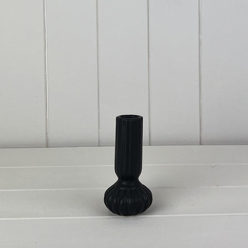 Black Ceramic Ribbed Candle Holder - 11.6cm tall
