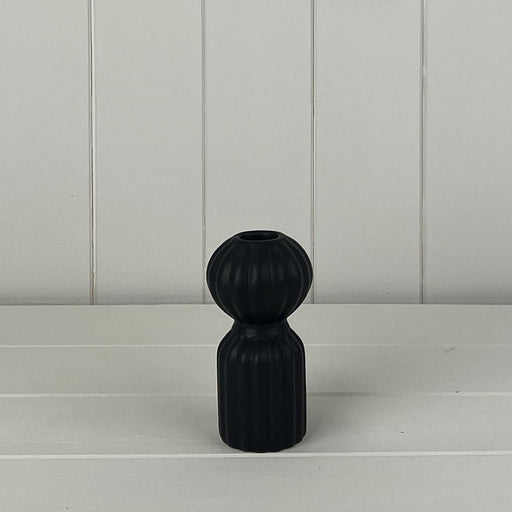 Black Ribbed Ceramic Candle Holder - 12cm tall