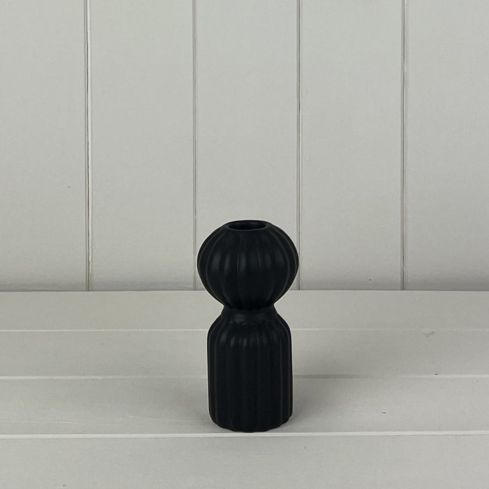Black Ribbed Ceramic Candle Holder - 12cm tall