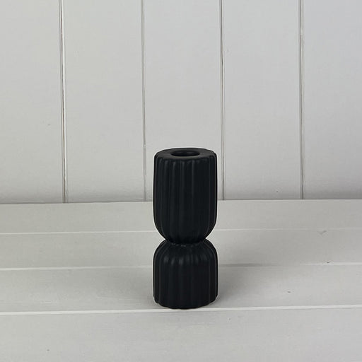 Black Ribbed Ceramic Candle Holder - Rectangle 11.6cm tall