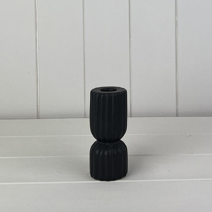 Black Ribbed Ceramic Candle Holder - Rectangle 11.6cm tall