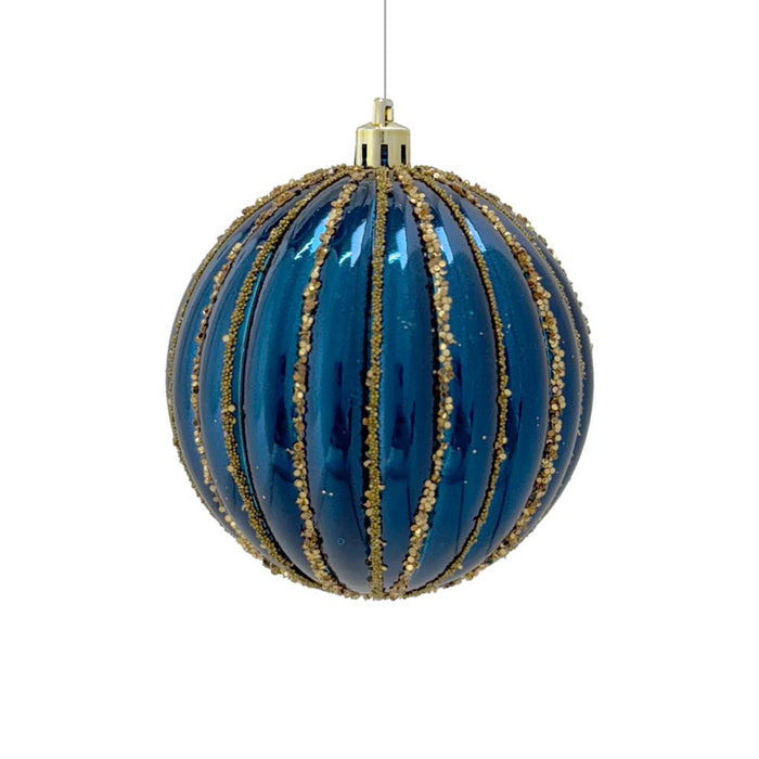 Blue Pumpkin Bauble with Gold Glitter Stripes x 8cm