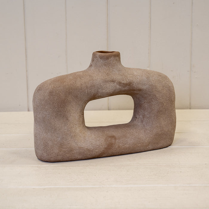 Brown Textured Wide Sculptured Vase - W 24.5cm x H 17cm