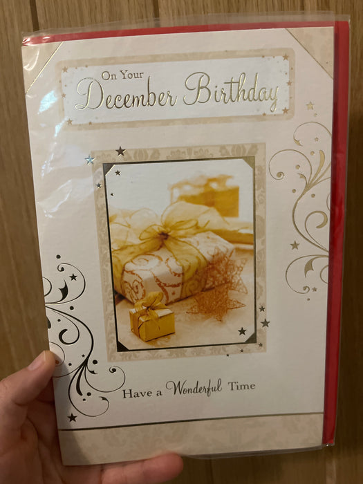 9x6” Card - On your December Birthday - with present image