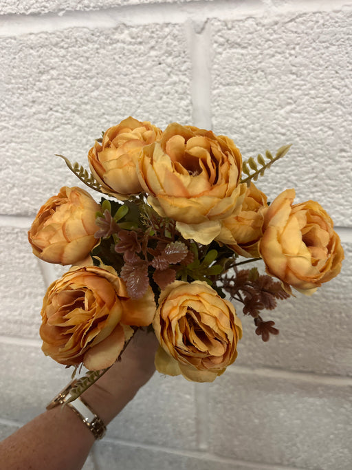 32cm burnt orange yellow peony with brown fern
