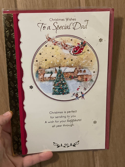9x6” Christmas Card - Special Dad - Reindeer Sleight flying over village scene