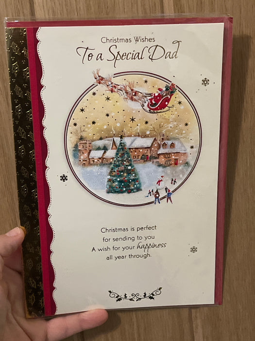 9x6” Christmas Card - Special Dad - Reindeer Sleight flying over village scene