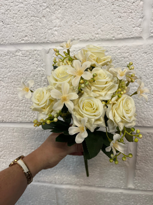 Velvet ivory rose bush with blossom 34cm
