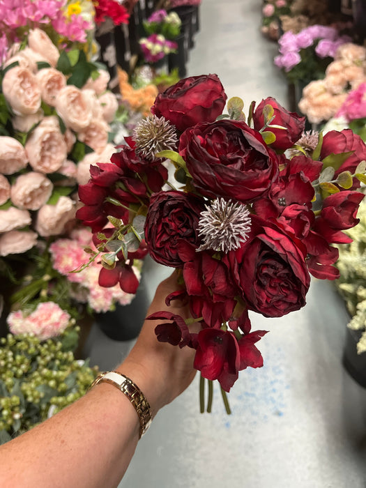 Dried Style Rose Hydrangea & Globe Thistle Bundle - Red