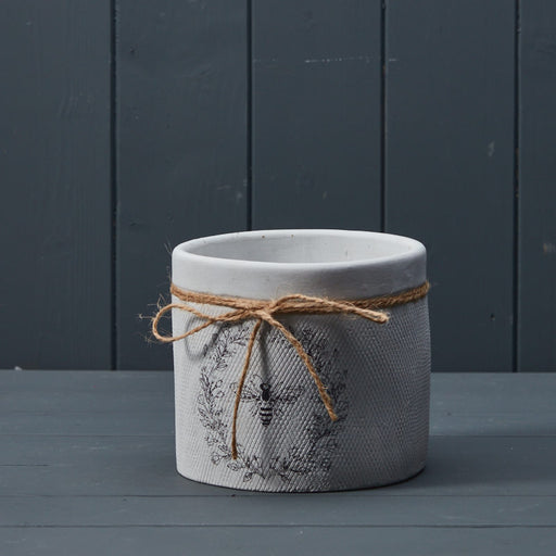 White Ceramic Pot with Vintage Bee Print - H12.7 x Ø14cm
