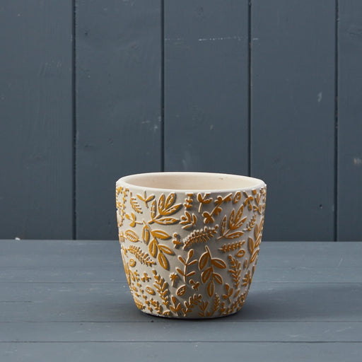 Embossed Yellow Leaf Cement Pot x 11cm