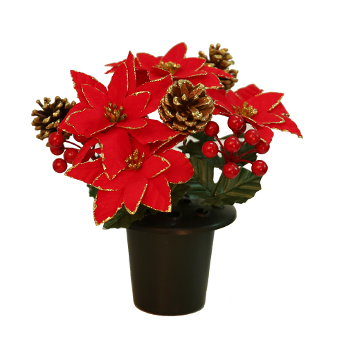 Glittered Poinsettia Cone & Berry Grave Vase Container - Red