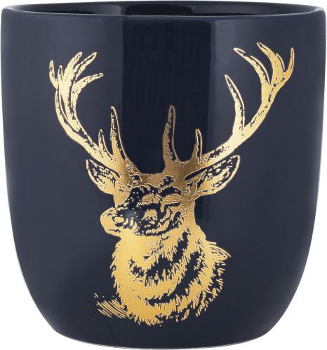 Ceramic Planter Pot with Metallic Gold Stag - Blue/Gold - Height 10.6cm