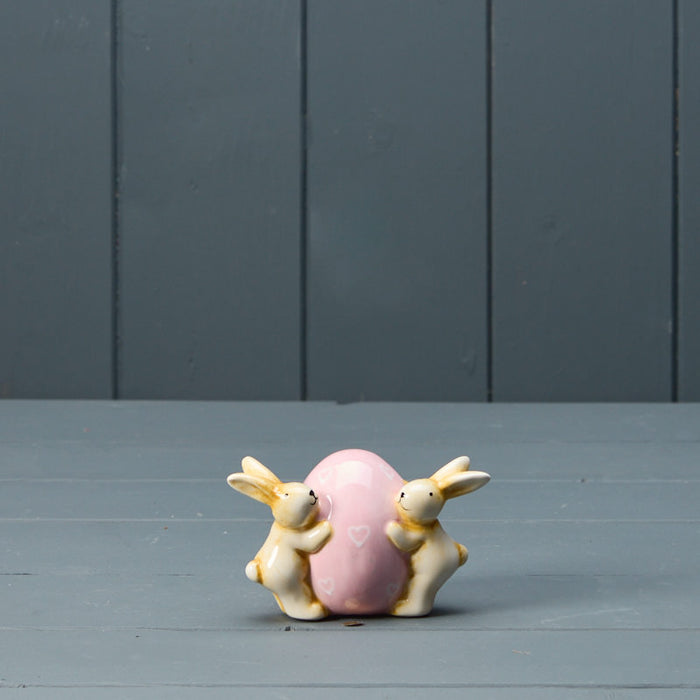 Ceramic Rabbits with Pink Heart Egg Ornament H6cm