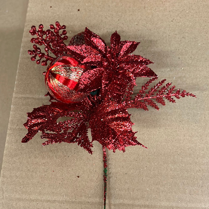 Christmas Artificial Red Poinsettia & Bauble Florist Wire Pick x 20cm - Pack of 12
