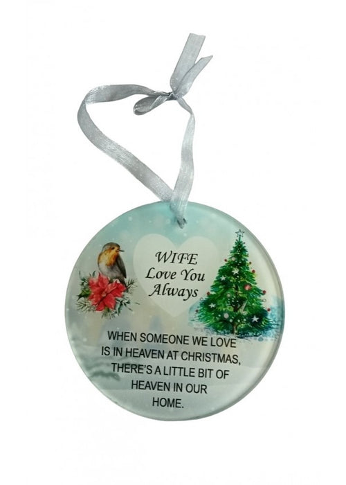 Christmas Robin Memorial Glass Hanger x 9cm - Wife