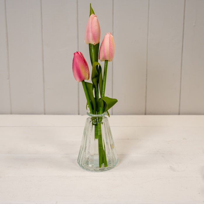 Clear Ribbed Glass Bottle - W7.4cm H9.9cm (Flowers not Included)