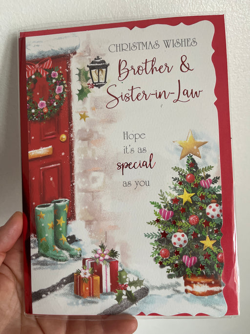 7x5" Christmas Card - Brother and Sister In Law - Tree/snowy boots/front door Image
