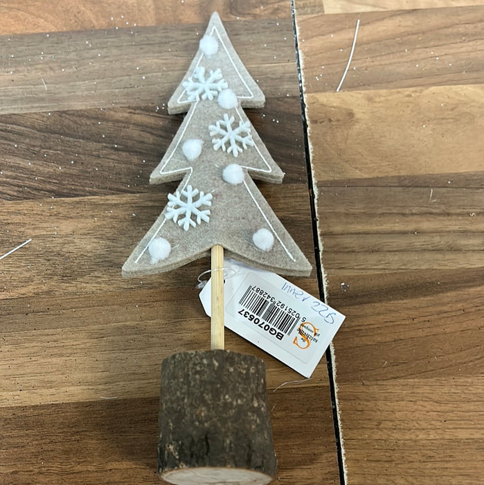 22cm Oatmeal Brown Felt Tree with Snowflakes and Wooden Base 