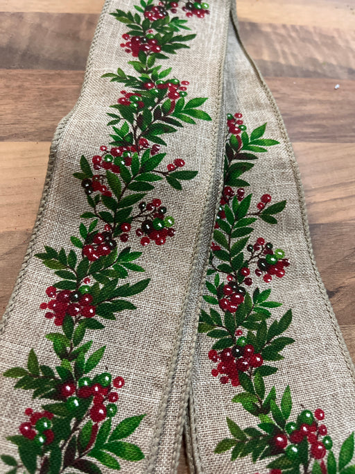 1m SAMPLE 63mm Wired Edge Christmas Red Berries & Foliage Ribbon