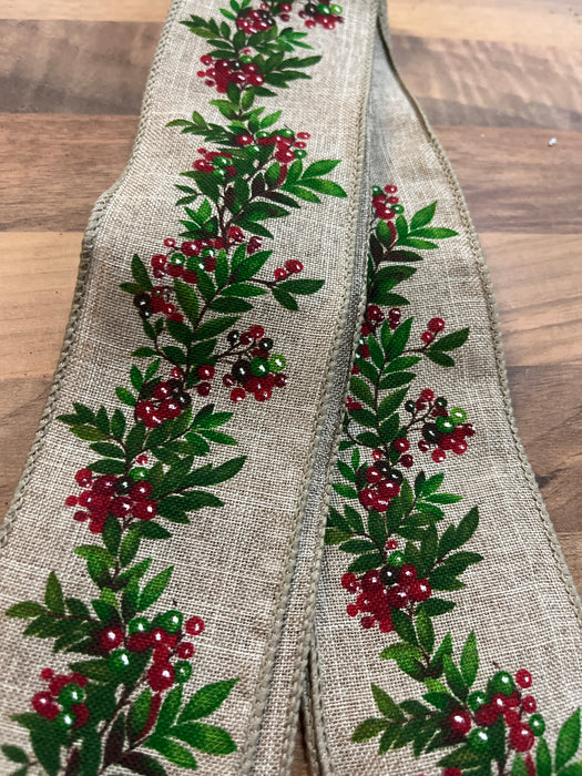1m SAMPLE 63mm Wired Edge Christmas Red Berries & Foliage Ribbon
