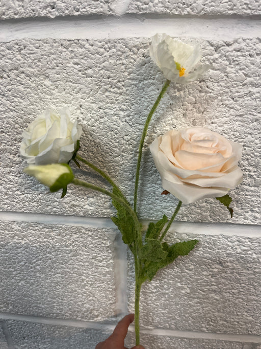 DISCONTINUED Poppy and Rose Spray - 3 heads & 1 bud - 58cm long