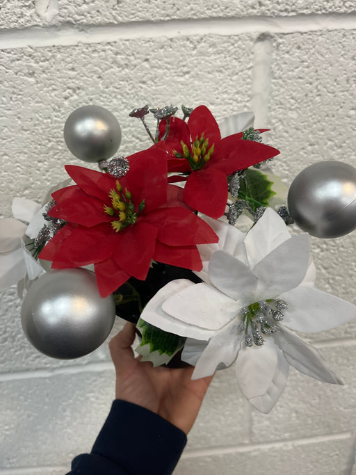 REDUCED TO CLEAR-Poinsettia Bauble & Holly Grave Vase Container  - White + Red
