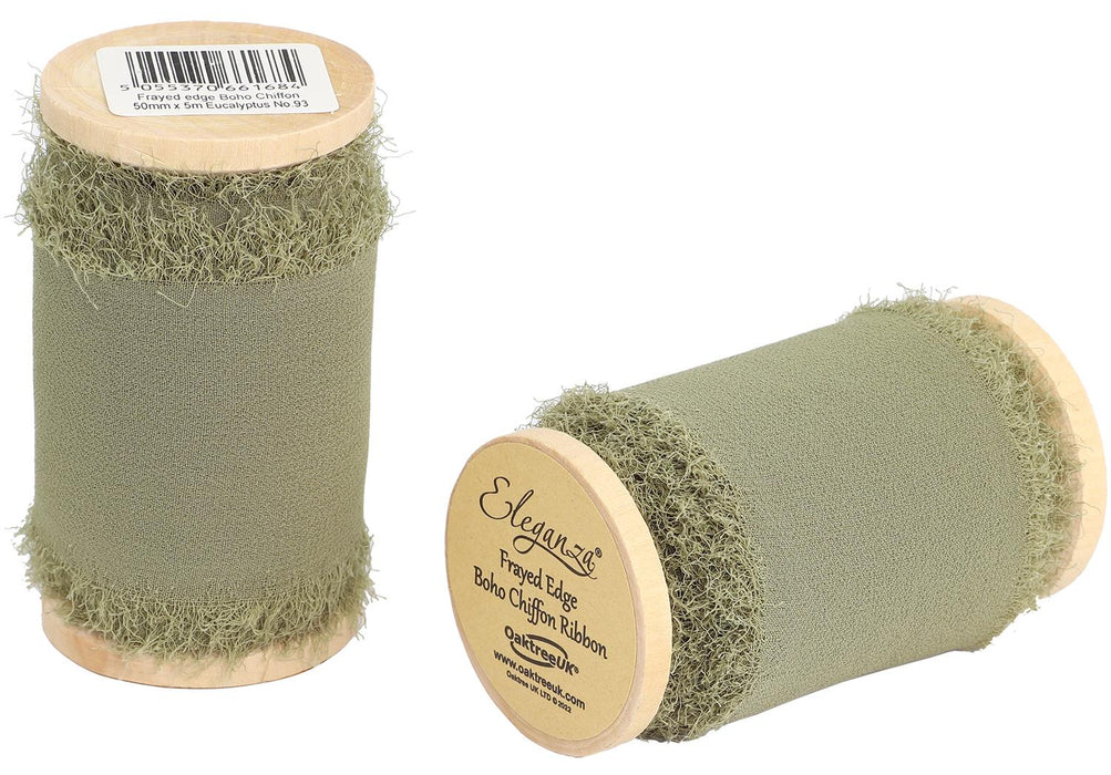 Single Reel of Frayed Edge Boho Chiffon Ribbon - 50mm x 5m - Eucalyptus