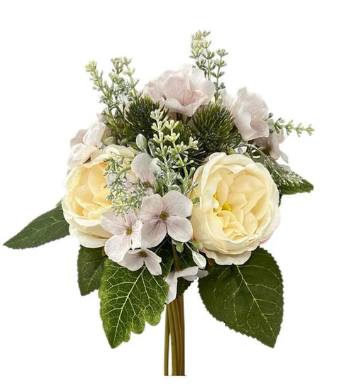 Rose and Glitter Hydrangea Bundle with Foliage - Ivory/Pink Mix (31cm long)