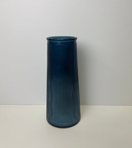 Tall Ribbed Glass Vase H22.5cm x D10cm - Blue