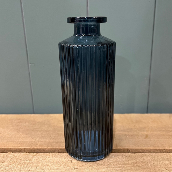 Blue Ribbed Narrow Glass Bottle x 13cm