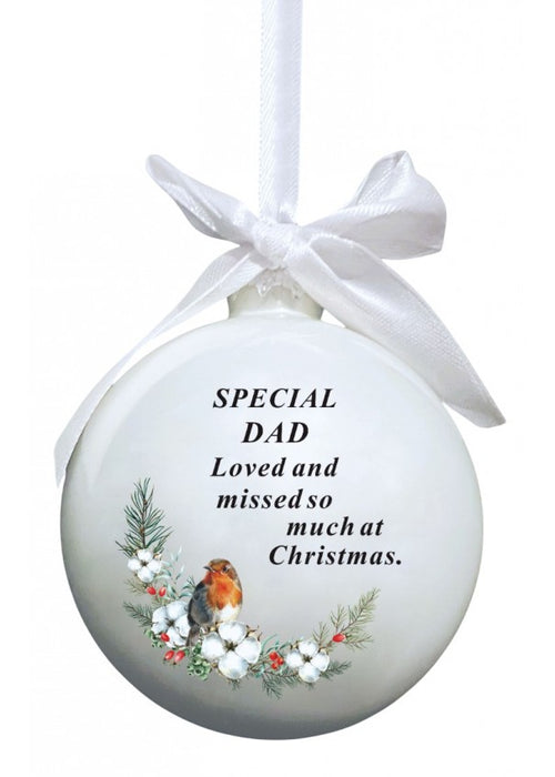 Glass Bauble With Robin And Bow Tie Ribbon Hanger - Dad