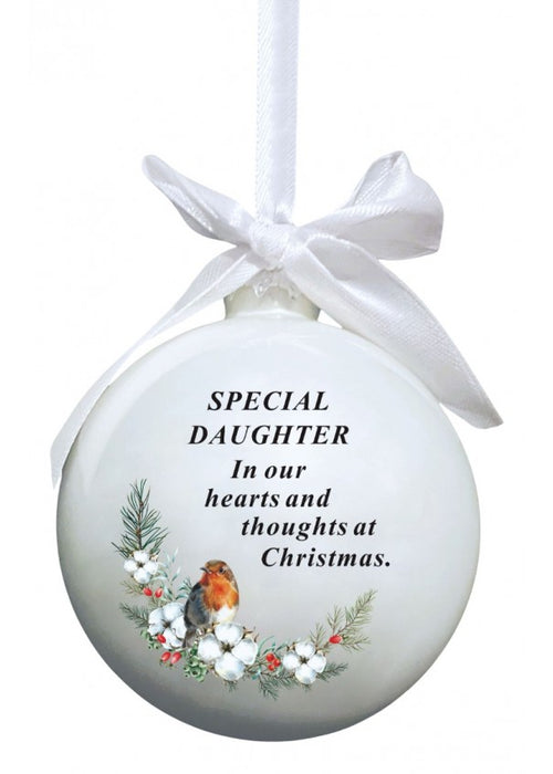 Glass Bauble With Robin And Bow Tie Ribbon Hanger - Daughter