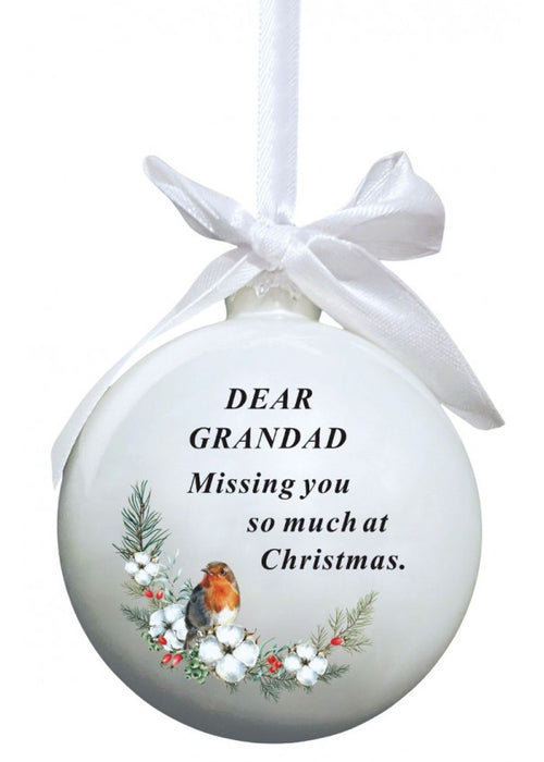 Glass Bauble With Robin And Bow Tie Ribbon Hanger - Grandad