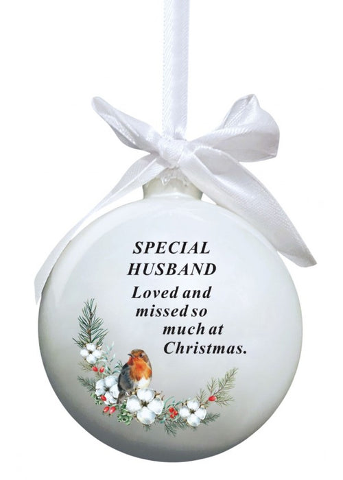 Glass Bauble With Robin And Bow Tie Ribbon Hanger - Husband