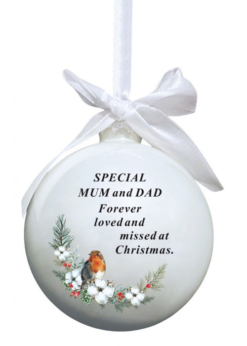 Glass Bauble With Robin And Bow Tie Ribbon Hanger - Mum & Dad